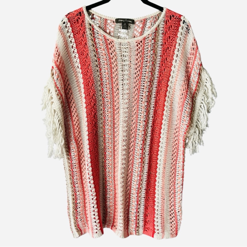 Tommy Bahama Linen Cotton Crochet Fringe Swimsuit Coverup Medium Pink White